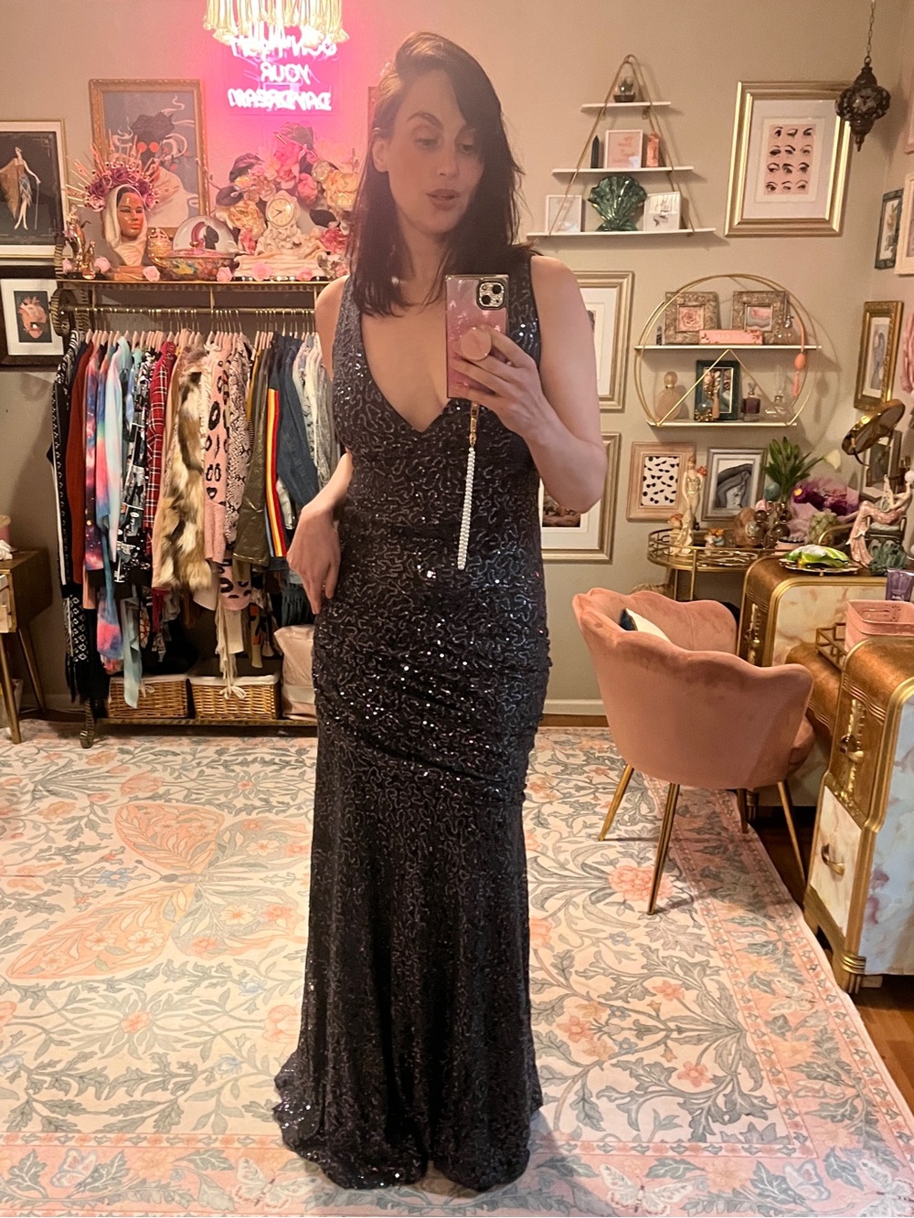 Dark Navy Calvin Klein Sequined V-Neck Evening Gown